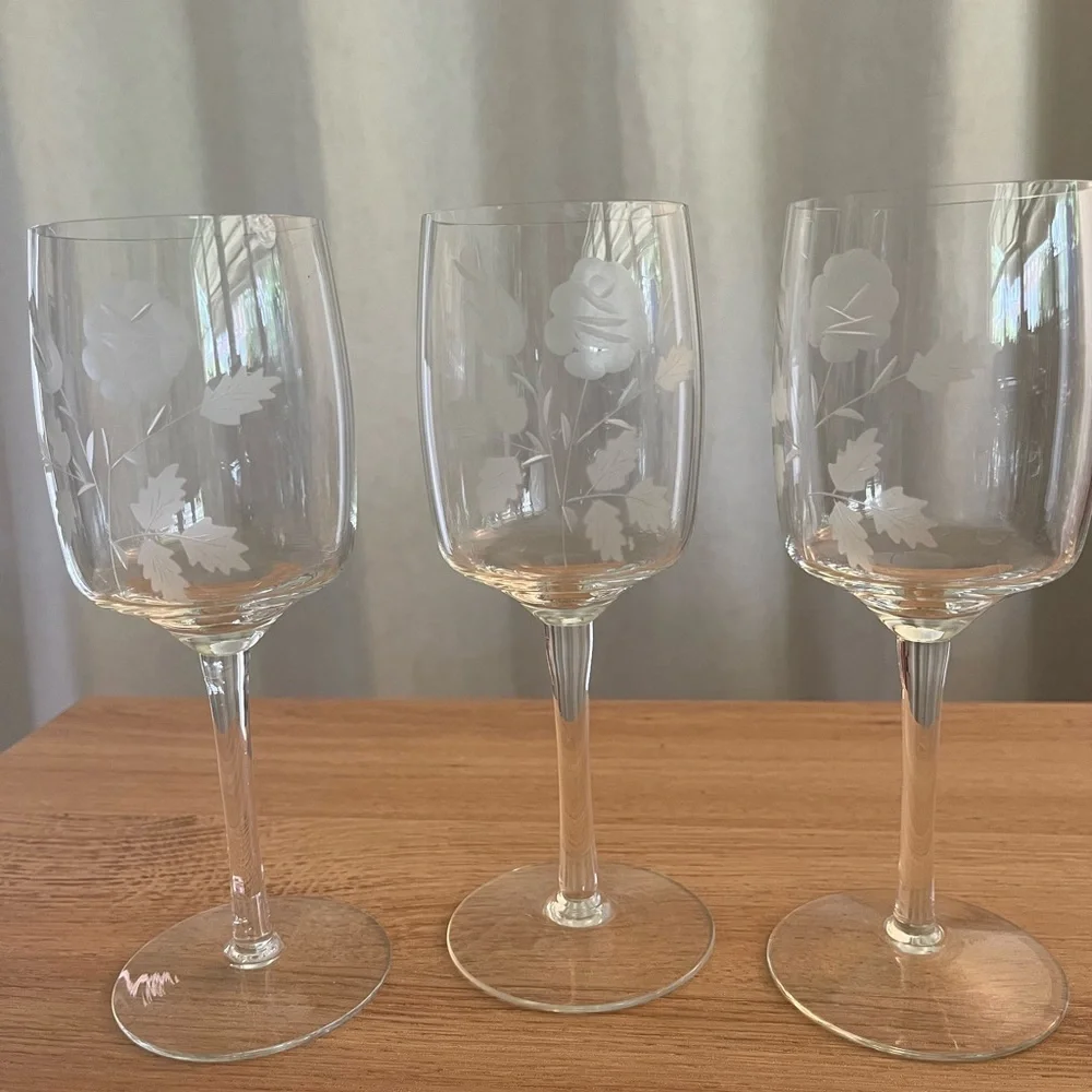 VTG Crystal Wine Stem Glasses  -Toscany Floral Etched